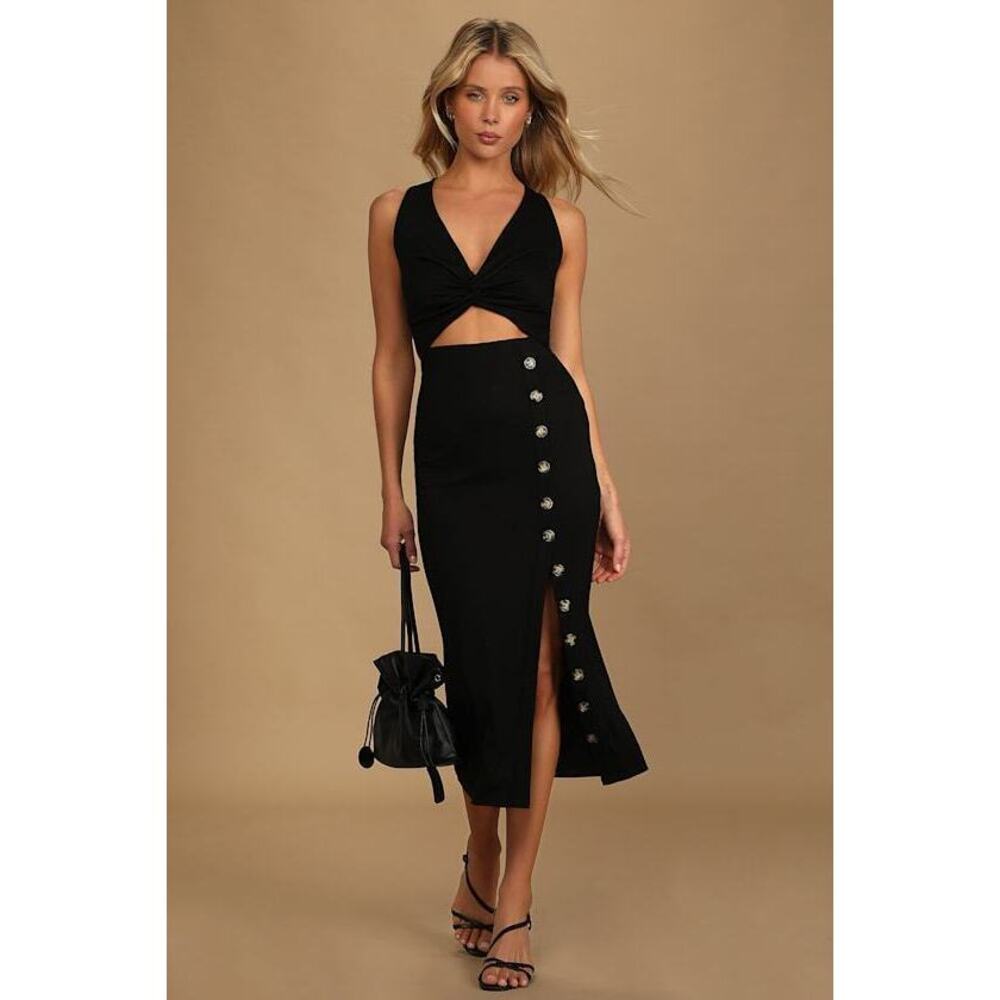 Lulus Trend Seeker Black Ribbed Twist-front Cutout Midi Dress - Size M